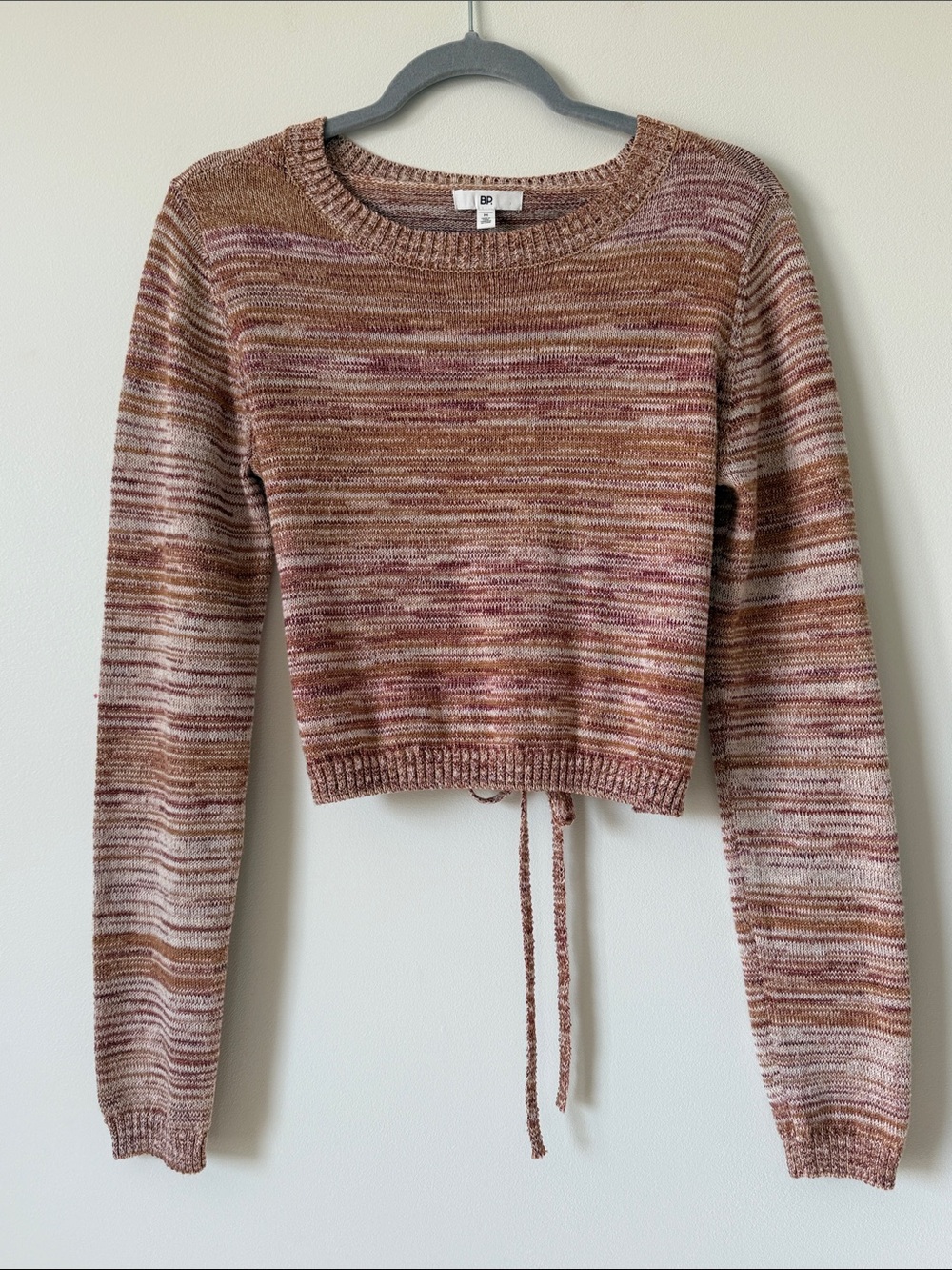 bp space dye cropped open back tie sweater size M